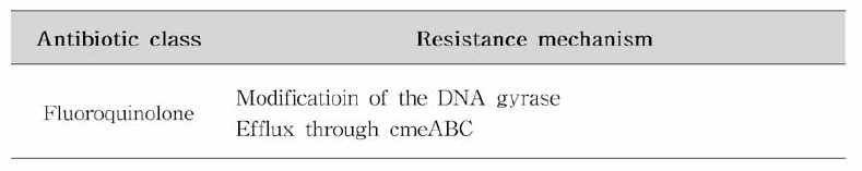 캠필로박터 제주니/콜리에서 확인되는 Nalidixic acid 항생제 내성 기전