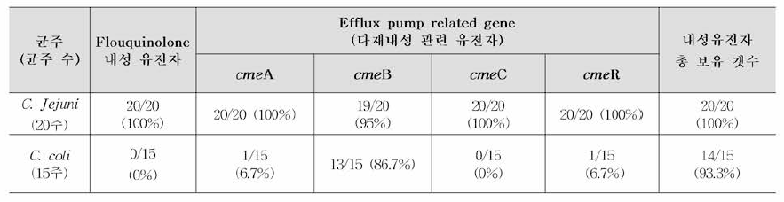 유전체 정보망을 통한 캠필로박터 제주니/콜리 퀴놀론내성유전자 보유 분석 결과