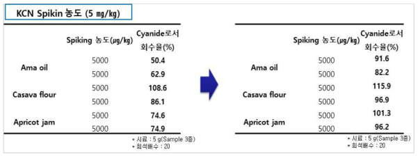 시료 전처리조건 검토 후 실험 진행 결과