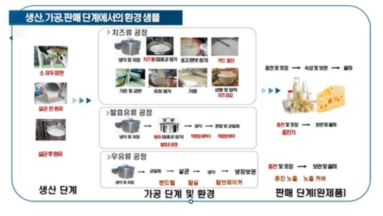 생산, 가공, 판매 단계에서의 샘플 이용한 실험 모식도