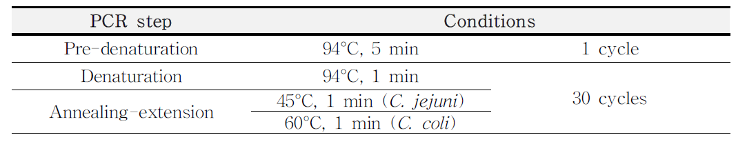 캠필로박터 제주나이/콜라이 유전자 분석을 위한 PCR 조건 (식품의약품안전처 식품위해평가부 미생물과, 2019)