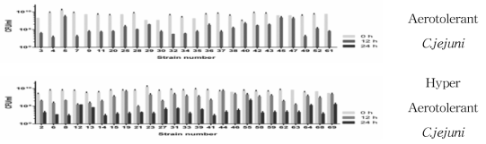 산소조건에 따른 캠필로박터균의 생존시간 (High Prevalence of Hyper-Aerotolerant Campylobacter jejuni in Retail Poultry with Potential Implicationin Human Infection. Oh et al., 2015)