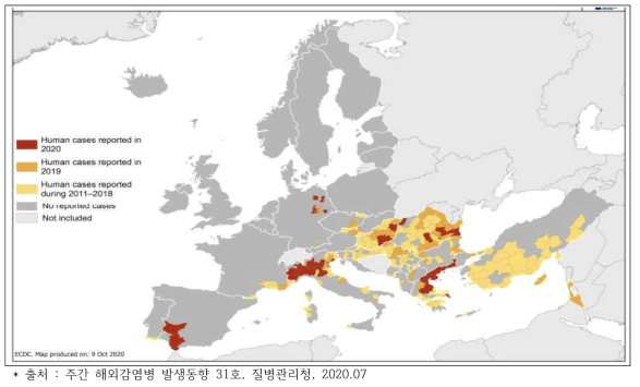유럽지역 웨스트나일열 연도별 발생 및 분포(ECDC, 30주차 CDTR)