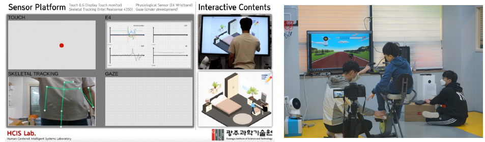 [2차 연도 연구개요] (좌)생체ž행동 데이터 수집 인터페이스 초기버전; (우)발달장애 아동 대상 파일럿 실험 수행