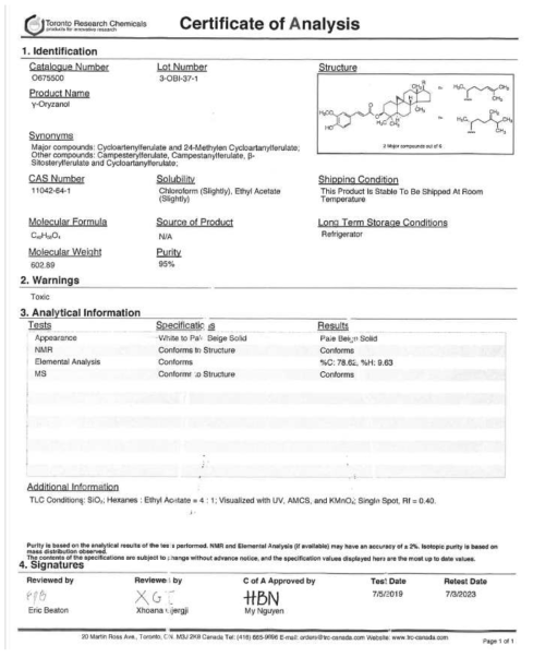 γ-Oryzanol 표준품의 certificate