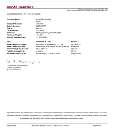 Ferulic acid 표준품의 Certificate