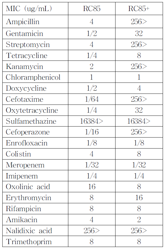 Minimum inhibitory concentrations (MICs) of several antibiotics against tested bacteria