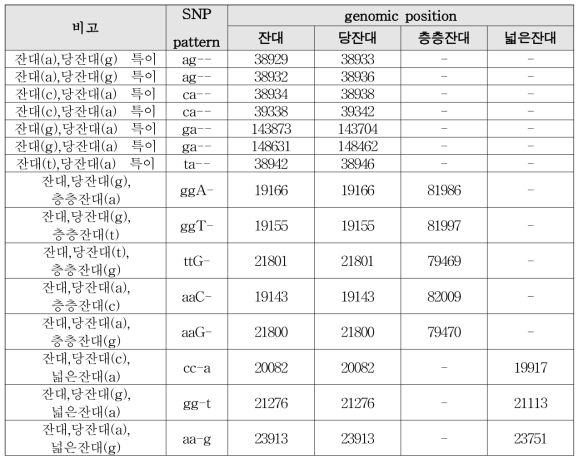 잔대 등 4종의 SNP 비교