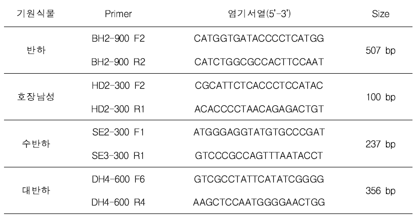 반하 등 4종 감별을 위해 활용한 SCAR-marker 프라이머