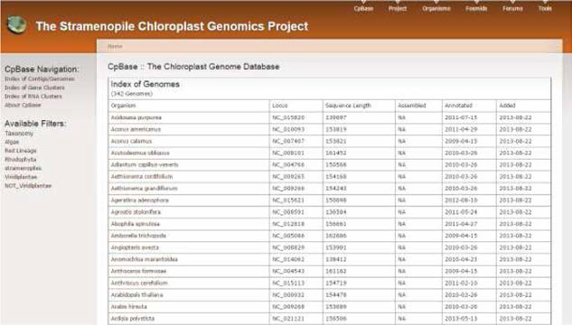 CpBase DB 사이트에 등재된 식물 342종 목록. (http://chloroplast.ocean.washington.edu/cpbase)