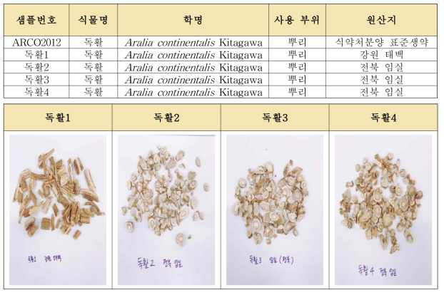 독활 시료 확보 현황