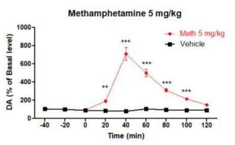 양성대조군 Methamphetamine (5 mg/kg)의 시간별 도파민 농도 (***P<0.001, **P<0.01, compared with the vehicle (two-way ANOVA, followed by the Bonferroni's post-hoc test))