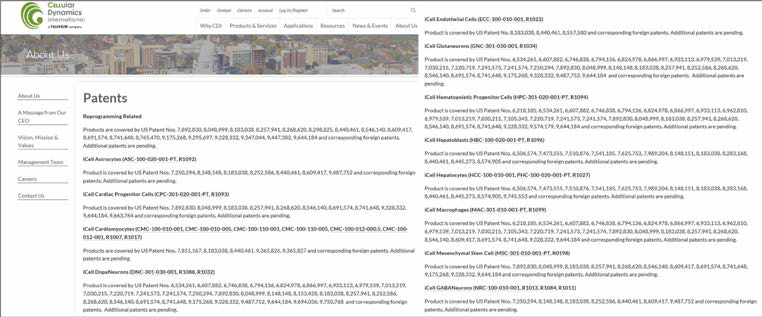 CDI사의 줄기세포유래 분화세포 특허권 현황(출처: CDI)