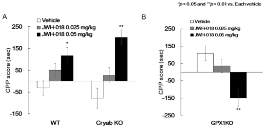 Effect of Cryab or GPX1 gene on JWH-018-induced CPP score. (A) The CPP tests were performed as methods section by using JWH-018 (0.025, 0.05 mg/kg, i.p.) in WT(+/+) or Cryab KO(-/-) mice. (B) The CPP tests were performed as methods section by using JWH-018 (0.025, 0.05 mg/kg, i.p.) in GPX1 KO(-/-) mice. Data are expressed as the mean ± S.E. (n = 4-16 for each group, Two-way ANOVA followed by Holm-Sidak post-hoc method, *p < 0.05 and **p < 0.01 vs. each vehicle group). Cryab: alpha-crystallin B; GPX1: glutathione peroxidase 1; CPP: conditioned place preference; KO: knockout; WT: wild-type