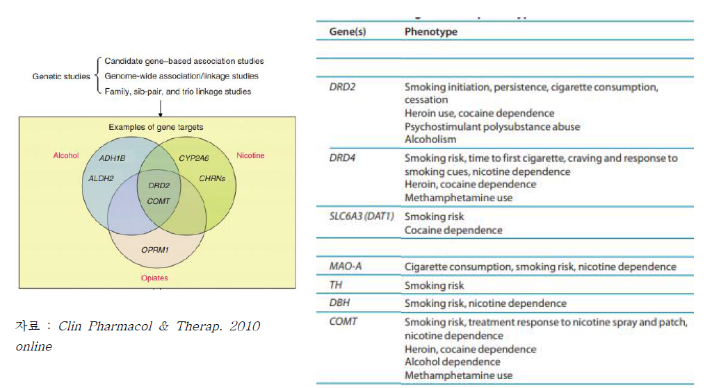 중독/의존성 관련 유전인자 및 도파민 관련 바이오마커 예시