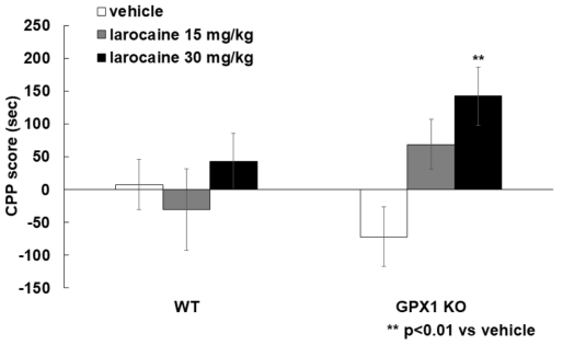 of larocaine on conditioned place preference test. The CPP test was performed as methods section by using negative control (saline, i.p.) or larocaine (15, 30 mg/kg, i.p.). Data are expressed as the mean ± S.E. (WT mice vehicle n=18, larocaine 15 mg/kg n=9, larocaine 30 mg/kg n=9; Gpx1 KO mice vehicle n=13, larocaine 15 mg/kg n=8, larocaine 30 mg/kg n=7, two away ANOVA and Holm-sidak test, **p<0.01 vs. vehicle group). CPP: Conditioned place preference