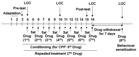 행동민감화 평가 일정 예시. LOC = locomotor activity 측정
