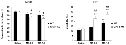 GPx-1 유전자 결핍 생쥐에서 메트암페타민에 의한 인지기억능 저하와 우울증상의 변화. KO = 유전자 결핍. NORT = novel object recognition test. FST = forced swimming test. MA 0.5 or 1.0 = 메트암페타민 0.5 or 1.0 mg/kg, i.p. 각 수치는 8~10 마리의 평균 ± 표준오차임. *P<0.05, **P<0.01 vs. corresponding Saline; #P<0.05, ##P<0.01 vs. WT/corresponding dose of MA (Two-way ANOVA followed by PLSD test)