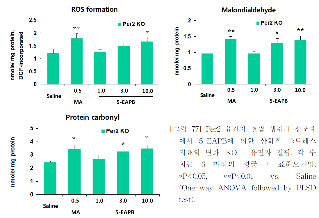 Per2 유전자 결핍 생쥐의 선조체에서 5-EAPB에 의한 산화적 스트레스 지표의 변화. KO = 유전자 결핍. 각 수치는 6 마리의 평균 ± 표준오차임. *P<0.05, **P<0.01 vs. Saline (One-way ANOVA followed by PLSD test)