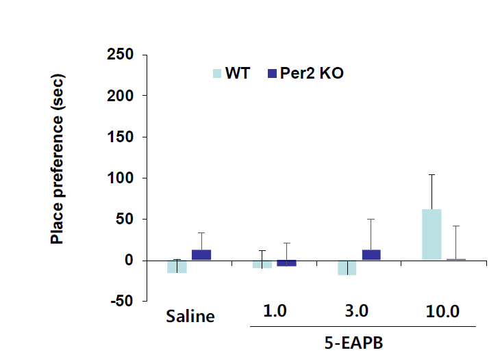 야생형 생쥐 (WT)와 Per2 유전자 결핍 생쥐에서 5-EAPB에 의한 조건장소선호도의 변화. KO = 유전자 결핍. 각 수치는 6 마리의 평균 ± 표준오차임 (two-way ANOVA followed by PLSD test)