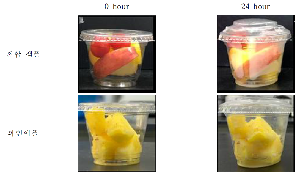 Inflated container after 24 h of packaging of mixed sliced fresh fruit and pineapple