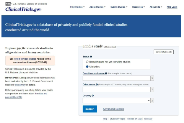 Clinical trials 메인 화면