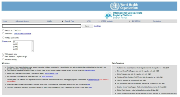 WHO Clinical trials 메인화면