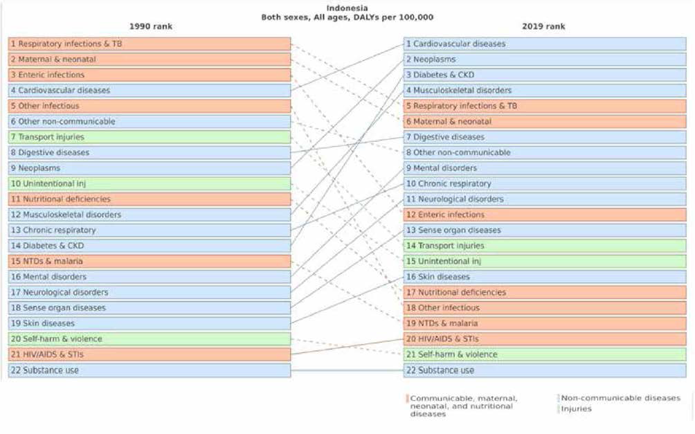 인 도 네 시 아 사 망 원인 질병 순위의 변화 (1990년 v s . 2019년 ) 출처: IHME(Institute for Health Metrics and Evaluation), accessed at April 13, 2021, https://vizhub.healthdata.org/gbd-compare/