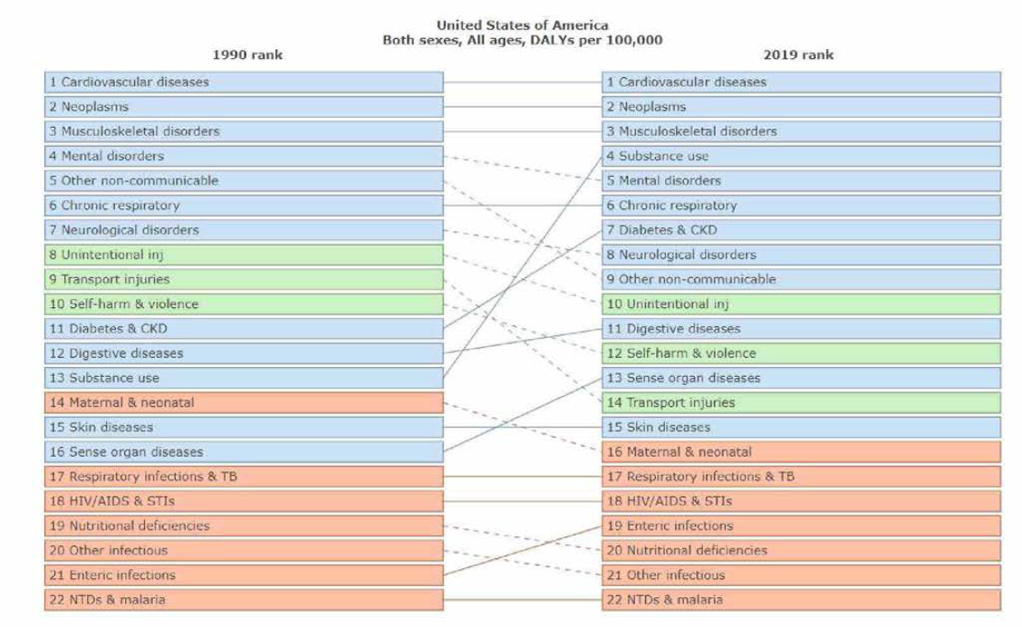 미국 사망원인 질병 순위의 변화 (1990년 vs. 2019년)