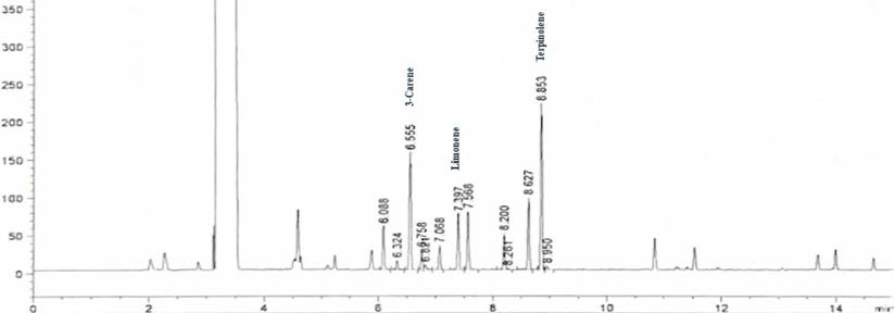3-카렌·리모넨·테르피놀렌 검체 크로마토그램