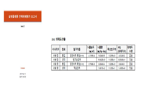 최종 보고서 양식 및 위해도 산출 데이터 예시