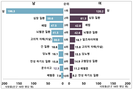 성별 사망원인 순위, 2019년 자료: 통계청, 2019 사망원인통계연보, 2020