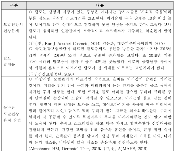 모발건강유지의 보건학적 중요성에 대한 국내·외 논문 검토 내용 요약