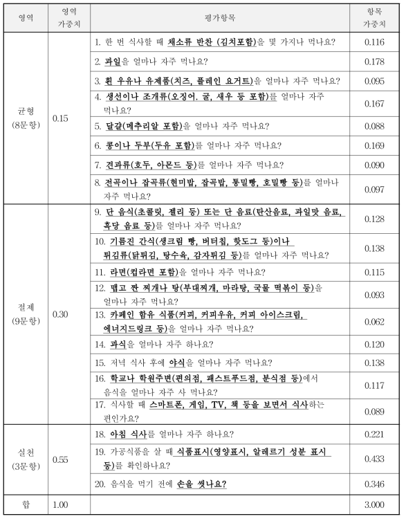 청소년의 영역별 가중치와 평가항목별 가중치