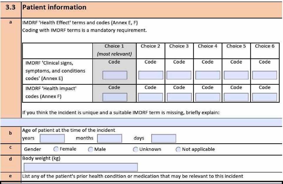 유럽 M旧 의 환자 문제 정보에서 IMDRF code E , F 사용