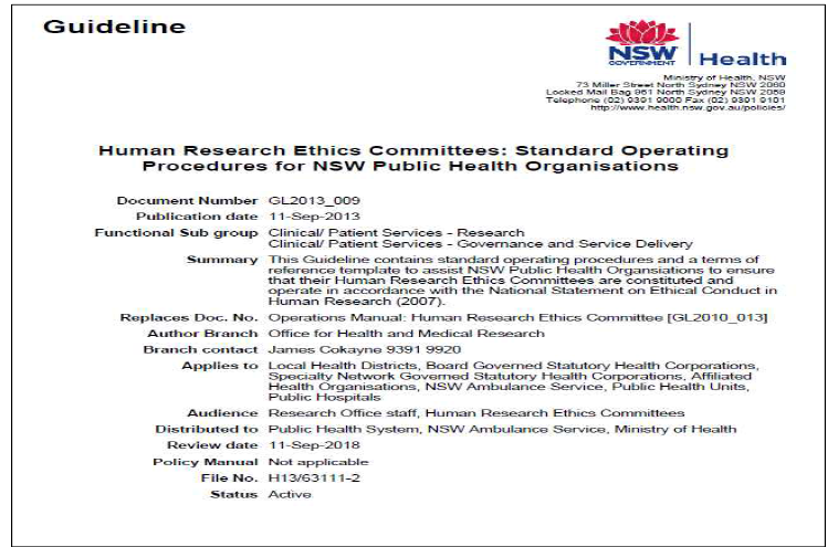NSW Public Health organisations HREC 표준작업지침서(SOP)(별첨8)
