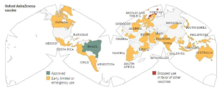 아스트라제네카 백신 허가 현황 출처: The New York Times, coronavirus-vaccine-tracker