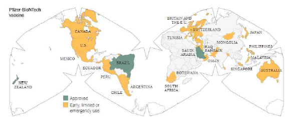 화이자 백신 허가 현황 출처: The New York Times, coronavirus-vaccine-tracker