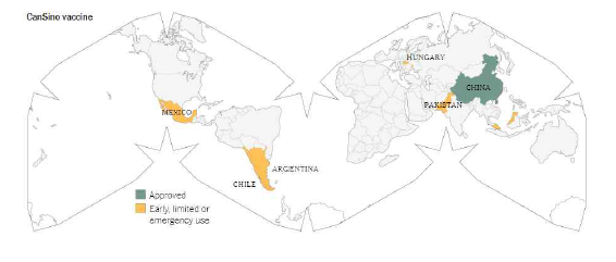 Convidecia 백신 허가 현황 출처: The New York Times, coronavirus-vaccine-tracker