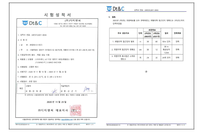 공인시험기관 시험성적서 표지 및 결과