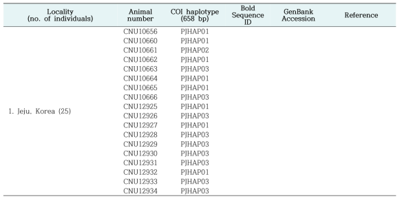 각시메뚜기 분석 시료 및 COI haplotype 목록
