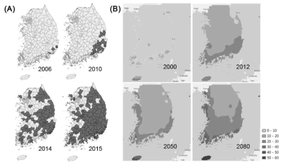 외래종 등검은말벌의 기온상승에 따른 분포 변화(A)와CLIMEX를 이용한 분포 변화 예측 시나리오(B) (출처: 박과 정, 2016)