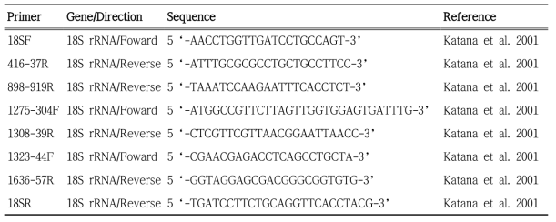 녹조류의 PCR 및 염기서열 분석에 이용한 primer (18S rRNA)