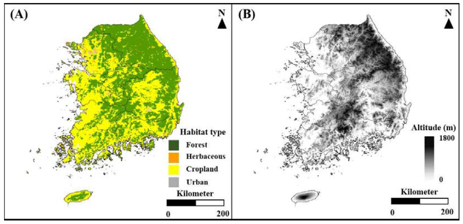 분석에 사용된 한국의 (A)서식지와 (B)고도 지도 사진