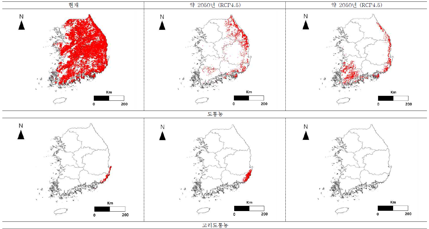 기후변화에 따른 도롱뇽과 고리도롱뇽의 분포지도