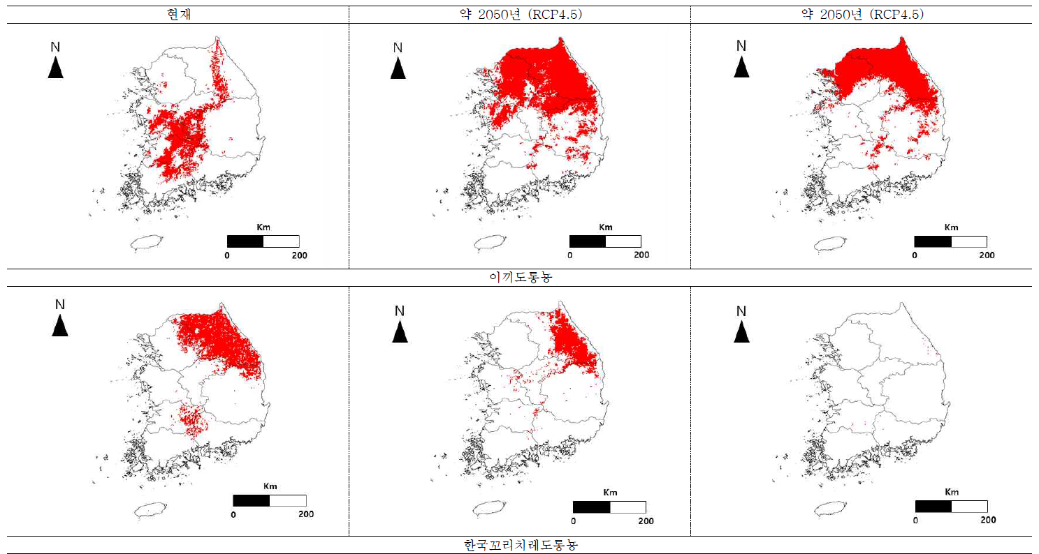 기후변화에 따른 이끼도롱뇽과 한국꼬리치레도롱뇽의 분포지도