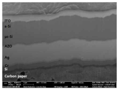 Carbon paper 기판에서의 이중접합 실리콘 태양전지 단면 사진