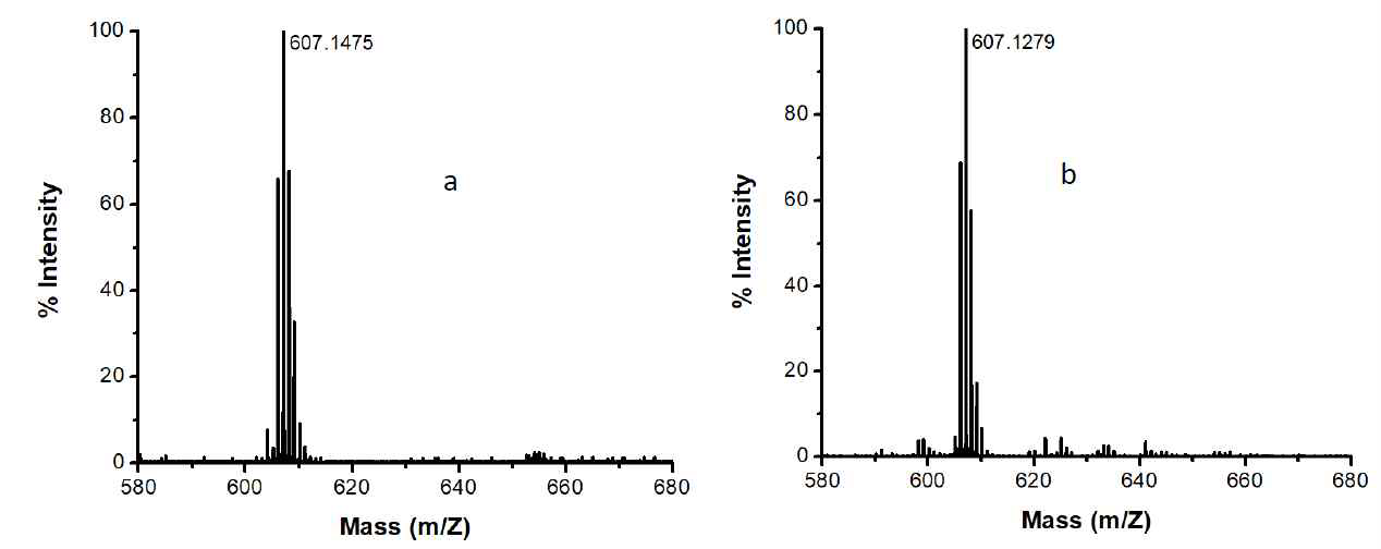 포르피린 센서의 분자량 측정(계산치: M+H+= 607.18) (a) 건대샘플, (b)오영샘플