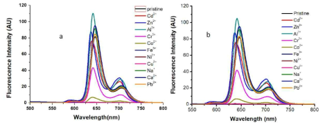 각 이온(10 eq)에 대한 DPA-P (8.33 μM) 의 형광강도(λex =407 nm) 변화. (a) 건대샘플, (b)오영샘플