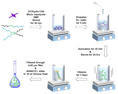 수계에서 양친성 고분자를 이용한 SiTPyzPz-THS의 캡슐화 과정